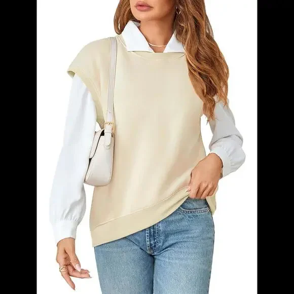 NWT Merokeety Sweatshirt Vest in Light Khaki, Size Large - Picture 1 of 2